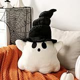 Bunny Chorus Halloween Decor Throw Pillows: Cute Plush White Ghost Pillow with Black Hat, Soft Stuffed Fun Ghost Cushion Halloween Decorations Indoor for Kids Home Sofa Bed Office Couch Living Room