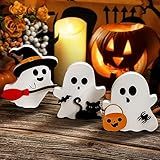 COCHIE Cute Ghost Halloween Decorations Indoor, Wooden Tiered Tray Decor Table Sign Set of 3, Black Cat Bat Witch Broom Signs Pumpkin Blocks for Party Home Shelf Display (A-Ghost)