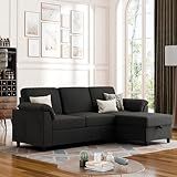 Vongrasig Convertible Sectional Couches, 3 Seat L Shaped Couch Sofa with Removable Pillows Linen Fabric Small Couch Mid Century for Living Room, Apartment and Office Black