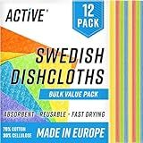 ACTIVE Swedish Dish Cloths for Kitchen 12 Pack Cellulose Sponge Cloth, Washable Dishcloths for Washing Dishes, Original European Dish Towels, Absorbent Reusable Paper Towels - Multicolor Assorted