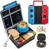 FAJSL Game Bento Box for Kids, Lunch Box with Thermo(9oz Food Jar), Folding Spoon, Removable Divider & Sauce Cup, Lunch Box Kids for School,Travel, BPA-Free & Realistic Shape(Blue-Red)