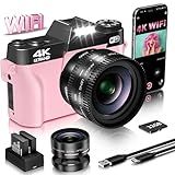 VJIANGER 4K Vlogging Camera for YouTube 56MP Digital Camera for Photography and Video with 180°Flip Screen, 16X Digital Zoom, 52mm Wide Angle & Macro Lens, 32GB Micro SD Card, 2 Batteries(Pink)