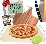 Pizza Stone for Oven and Grill Set - 5PCS Pizza Making Accessories Kit - 15 inch Pizza Stone with Handles, Pizza Peel, Pizza Cutter, Dough Tool - Baking Stone for Bread - Large Rectangular Oven Stones