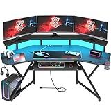 Auromie 72" Gaming Desk with Power Outlet & Led Strip, Large Wing-Shaped Computer Desk w Monitor Stand & Keyboard Tray & RGB Mouse Pad, Studio Desk w Storage Shelf Headphone Hook Cup Holder