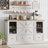 Maupvit Buffet Cabinet with Drawers, 59" Large Sideboard Buffet Cabinet with Storage, Buffet Table Coffee Bar with Adjustable Shelves, Kitchen Storage Cabinet for Dining Room, Milk White