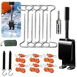 Heavy Duty Ice Anchor Drill Adapter Tool Kit, 19Pcs Stainless Steel Tent Stakes Set with 13FT Ratchet Ropes, Tent Hooks, Canvas Bag for Ice Fishing Shelter Setup (8Pcs Tent Stakes+6Pcs Rope Roller)