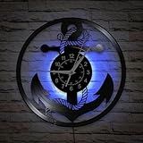 TIMEGLOW 12 Inch Anchor and Boat Wheel Wall Clock 7 Kinds of LED Color, Nautical Coastal Wall Clock Vintage Decorative LED Night Light Wall Watch Clock Silent Movement for Bedroom Living Room Kitchen