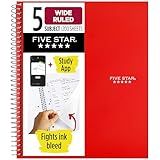 Five Star Spiral Notebook + Study App, 5 Subject, Wide Ruled Paper, 8" x 10-1/2", 200 Sheets, Fights Ink Bleed, Water Resistant Cover, Fire Red (72041)