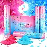 Gender Reveal Confetti Cannon,2 Blue 2 Pink Safty Corn Powder Smoke Party Poppers Shoots 20-25ft,12 inch Upgrade Firmware Baby Shower Gender Reveal Party Supplies