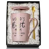 Mothers Day Birthday Gifts for Mom from Daughter Son - 14Oz Funny Best Mom Mug with Gold Print, Unique Pink Marble Coffee Cup with Lid Spoon Greeting Card, Happy Moms Gifts Idea, Luxury Gift Boxed Set