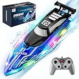JOI MEW RC Boat for Kids with LED Lights, 2.4Ghz Remote Control Racing Boats for Ages 8-12,Toy Water Boat for Pools & Lakes with Waterproof,Rechargeable Battery, for Boys Girls Blue
