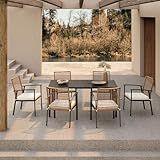 LAUSAINT HOME 7 Pieces Patio Dining Set, Outdoor Furniture Set of 6 Chairs with Soft Cushion and Iron Slats Table Top with Umbrella Hole, Conversation Set for Backyard, Garden and Poolside