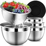 DUTZUN Mixing Bowls with Lids Set, Stainless Steel Mixing Bowls with Colander, Strainer with Mixing Bowl Set, Kitchen Gadgets Bowl Christams Gift, Size 4, 2.5, 2, 1.5QT - Black