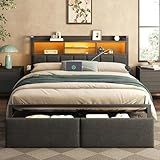 Furnulem Queen Bed Frame with Storage Drawers, Upholstered Headboard with LED Light & Charging Station, Metal Platform Bed Frame Queen Size, Noise Free, No Box Spring Needed, Black (1200 lbs Capacity)
