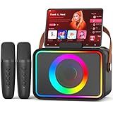Karaoke Machine,Portable Bluetooth Speaker with 2 Wireless Microphone for Adults & Kids with LED Lights, Karaoke Microphone with PA System Supports USB/TF/AUX,Gift for Party (Black)