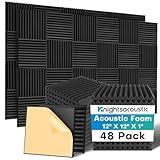 Knightsacoustic 48 Pack Sound Proof Foam Panels for Walls with Self Adhesive, 12x12x1 Acoustic Foam Panels, High Density Acoustic Panels Sound Absorbing, Fire Resistant Studio Sound Proofing Black