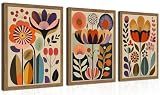 Framed Colorful Floral Wall Art Set of 3, Abstract Scandinavian Flower Canvas Wall Decor Paintings, Mid Century Modern Botanical Artwork Pictures Prints for Living Room Bedroom Dining Room 12x16 Inch
