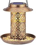SWEETFULL Solar Bird Feeder for Outdoors Hanging, Metal Wild Bird Feeder for Cardinals Solar Garden Lantern with S Hook as Gift for Bird Lovers (2LBs Heavy Duty birdfeeders)
