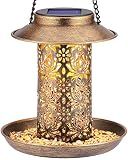 SWEETFULL Solar Bird Feeder for Outdoors Hanging, Metal Wild Bird Feeder for Cardinals Solar Garden Lantern with S Hook as Gift for Bird Lovers (2LBs Heavy Duty birdfeeders)