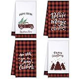 Patelai 4 Pack Christmas Kitchen Towels Buffalo Plaid Tea Dishtowels Farmhouse Winter Bathroom Hand Towels Christmas Decorations for Kitchen Holiday Xmas Housewarming Gifts(Red Black,Tree)