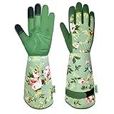 WANCHI Gardening Gloves, Durable and Comfortable Women's Long Garden Gloves for Gardening Work and Yard Work, Leather Gardening Gloves for Women, Green Print (Medium)
