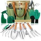 YAUNGEL Gardening Tools - 10 Pcs Garden Tool Set Heavy Duty Stainless Steel Garden Supplies Hand Tools with Wooden Handle, Storage Tote Bag, Gardening Gifts for Women and Men