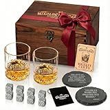 Mixology & Craft Whiskey Stones Gift Set: with Two 10oz Lead-Free Crystal Whiskey Glasses, 8 Whiskey Stones with Velvet Bag, 2 Slate Coasters & Recipe Cards in Wooden Crate | Great