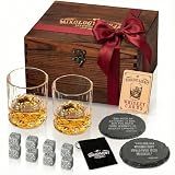 Mixology & Craft Whiskey Stones Gift Set: with Two 10oz Lead-Free Crystal Whiskey Glasses, 8 Whiskey Stones with Velvet Bag, 2 Slate Coasters & Recipe Cards in Wooden Crate | Great