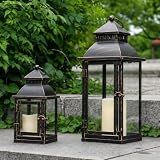 NEEDOMO Lanterns Decorative Outdoor&Indoor, Set of 2 Large Bronze Metal Lantern Decor with Glass, Candle Holder for Porch, Patio, Garden, Balcony, Wedding, Table Centerpiece Decorations