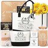iAOVUEBY 50th Birthday Gifts for Women Her, Cool Gifts for 50 Year Old Woman, Fifty Birthday Canvas Tote Bag Glass Cup Candle Gift Basket Ideas Daughter Mom Sister Friend Wife Coworkers