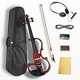 Ceciliec Electric Violin, 4/4 Full Size Solid Silent Fiddle with Ebony Fittings, Silent Electric Violin Kit for Beginner Students (Mahogany)