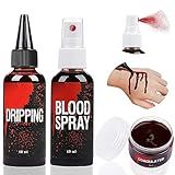 Fake Blood Set, 2.1oz Fake Blood Spray and 2.1oz Dripping Blood and 1.41oz Coagulated Gel Blood, Halloween Washable Fake Blood Makeup for Clothes, Zombie, Vampire Cosplay & Dress Up