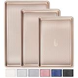 HONGBAKE Baking Sheet Pan Set of 3, Cookie Sheets for Oven, Nonstick Half/Quarter/Jelly Roll Pans with Diamond Texture Pattern, 0.8mm Thick Heavy Duty Cookie Tray, Champagne Gold