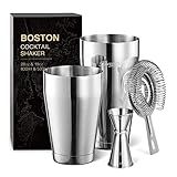 KITESSENSU Boston Cocktail Shaker Set, 4-Piece Boston Shaker Tins Bartender Kit with 18oz & 28oz Mixed Drink Shaker, Hawthorne Strainer, Double Measuring Jigger, Cocktail Recipe Cards Included