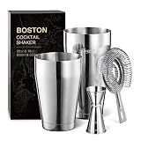 KITESSENSU Boston Cocktail Shaker Set, 4-Piece Boston Shaker Tins Bartender Kit with 18oz & 28oz Mixed Drink Shaker, Hawthorne Strainer, Double Measuring Jigger, Cocktail Recipe Cards Included