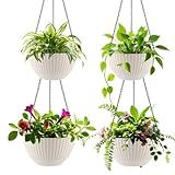 RooTrimmer Hanging Planters for Indoor Outdoor Plants 8/10 Inch, 4 Packs Plant Hanger with Drainage Holes, Hanging Basket Flower Pot Perfect for Home, Office and Garden,White
