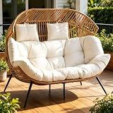 JAMFLY Double Egg Chair Wicker Outdoor Chairs, 2 Person Oversized Patio Loveseat Lounge Chair with Cushion, Indoor Living Room Bedroom Outside Patio Backyard Balcony Leisure Chair, Creamy White