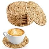 6Pcs Handmade Natural Rattan Coasters Set with Holder, Boho Coastal Decor