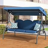 ZZW 3 Seat Outdoor Porch Patio Swing with Stand 800lbs 2-in-1 Convertible Swing Bed with Adjustable Canopy & Removable Cushion for Yard Garden Deck (Blue, Round Tube)