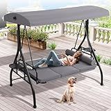 Grepatio Outdoor Porch Swing with Canopy and Stand, 3 Person Patio Swing for Adults, Convertible 2 in 1 Porch Bed Swing with Cup Holder, 3 Seat Swings with 2 Pillow Cushions for Garden, Yard (Grey)