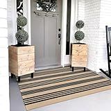 OJIA Outdoor Rug 3'x5', Black and Tan Area Rug Machine Washable Rugs Cotton Hand Woven Entry Rug Indoor Outdoor Striped Carpet for Front Porch/Deck/Backyard/Camping/Outdoor Decor
