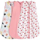 BSTOPPT 3 Pack Baby Sleep Sack 0-6 Months 100% Rayon Cotton Baby Sleeping Bag 2-Way Zipper Toddler Wearable Blankets Comfy Stretchy Lightweight TOG 0.3 （Heart&Pink&Floral）