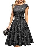DRESSTELLS Women Sequin Formal Party Cocktail Dresses for Wedding Guest, Sparkly Fancy Aline Prom Tea Length Fit Flare Evening Gown Glitter Black L