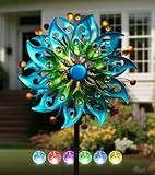 VUFOZ Solar Wind Spinners Outdoor – H63xW13 Metal Kinetic Garden Spinner with Crackle Glass Ball & Built-in Solar Panel – Peacock-Style Yard Wind Sculpture with LED Light