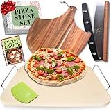 Pizza Stone for Oven and Grill Set - 5PCS Pizza Making Accessories Kit - 15 inch Pizza Stone with Handles, Pizza Peel, Pizza Cutter, Dough Tool - Baking Stone for Bread - Large Rectangular Oven Stones