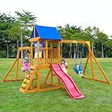 Suniboxi Swing-Sets with Monkey Bars for Backyard, Wooden Playground Set for Kids Ages 3-6, Outdoor Playset with Wave Slide, Play Deck, Rock Wall Ladder, Belt Swings & Canopy for Toddlers to Big Kids