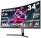 SANSUI 34-Inch Curved Gaming Monitor UWQHD 3440 x 1440P 200Hz Ultrawide