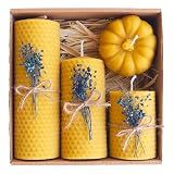 Beeswax Candle Gift Set – 4 Natural Candles with Blue Dried Flowers & Pumpkin Box – Handmade Decorative Candles for Holidays, Birthdays & Special Occasions