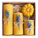 Beeswax Candle Gift Set – 4 Natural Candles with Blue Dried Flowers & Pumpkin Box – Handmade Decorative Candles for Holidays, Birthdays & Special Occasions