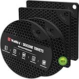 Walfos Silicone Trivet Mats - 4 Heat Resistant Pot Holders, Multipurpose Non-Slip Hot Pads for Kitchen Potholders, Hot Dishers, Jar Opener, Spoon Holder, Food Grade Silicone & BPA Free (Black)